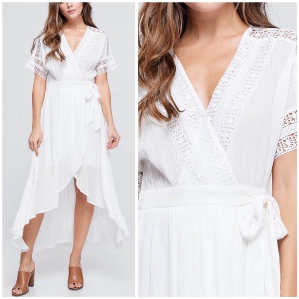 Lace Trimmed Hi-Lo Dress with waist tie.